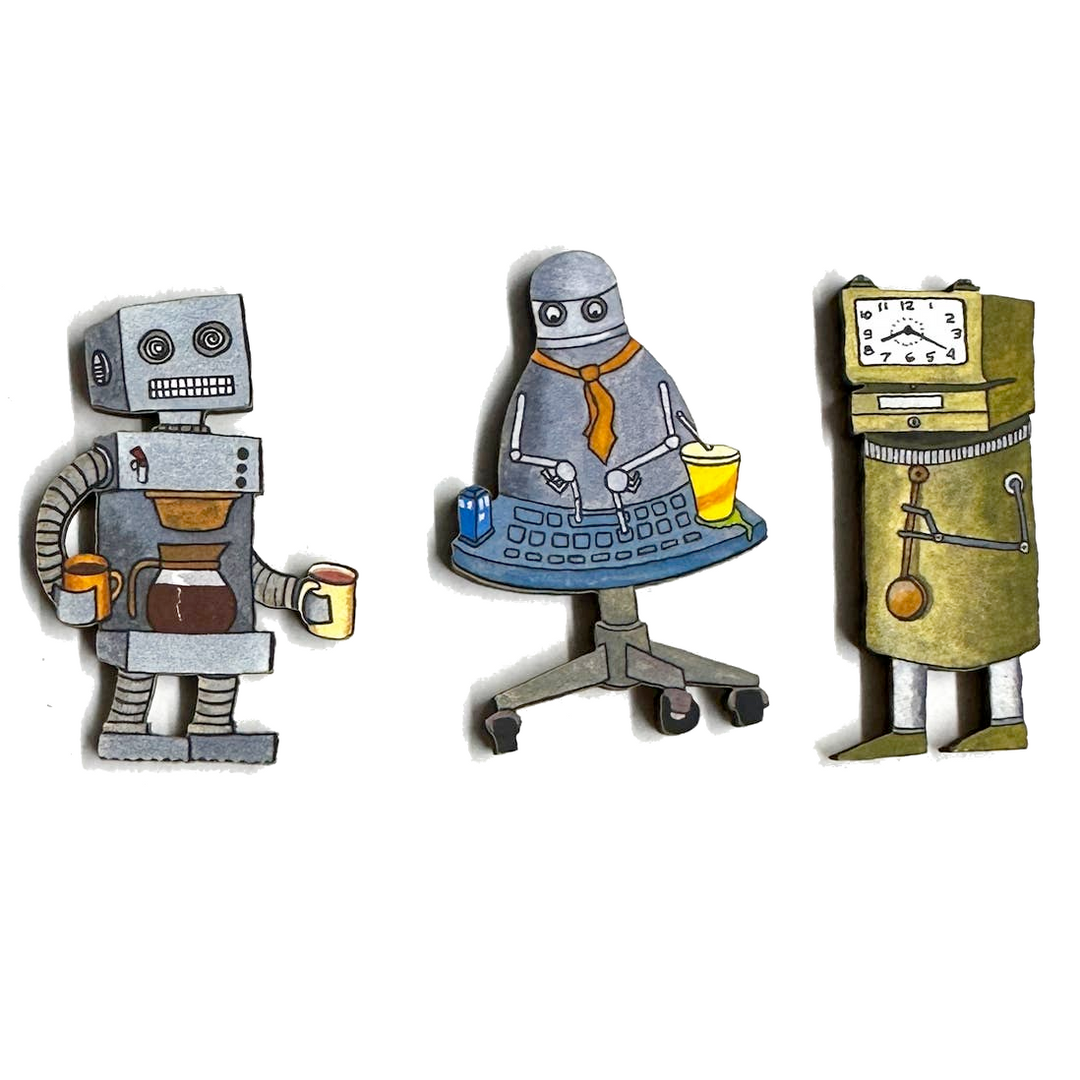 20 Leagues Home Decor Office Bots Wooden Magnet Set of 3