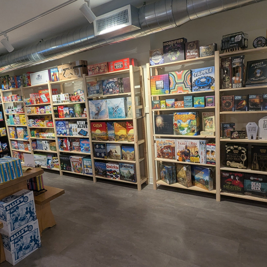 Board games, dice, card games, party games, and puzzles for all ages.  Plus toys for all ages birth and up