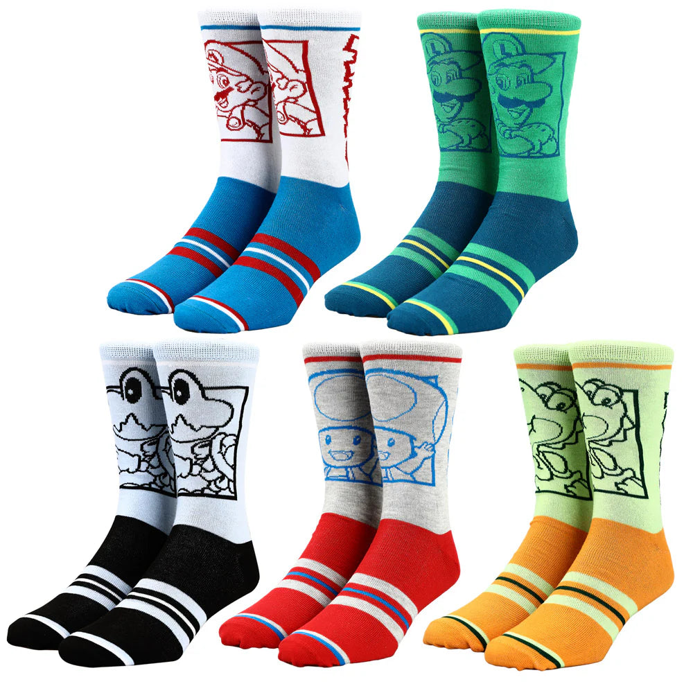 BioWorld Socks & Tees Super Mario Split Mens Collectible Crew Sock 5 pack