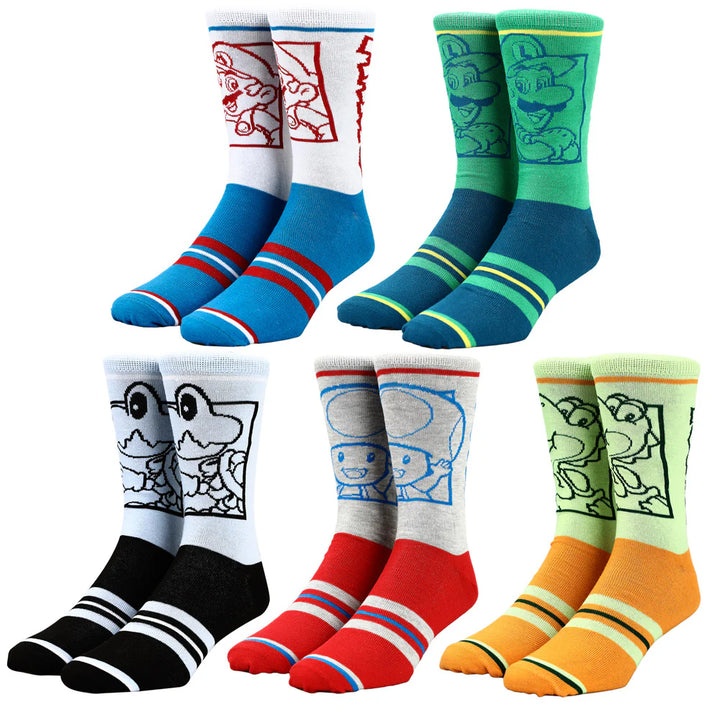 BioWorld Socks & Tees Super Mario Split Mens Collectible Crew Sock 5 pack