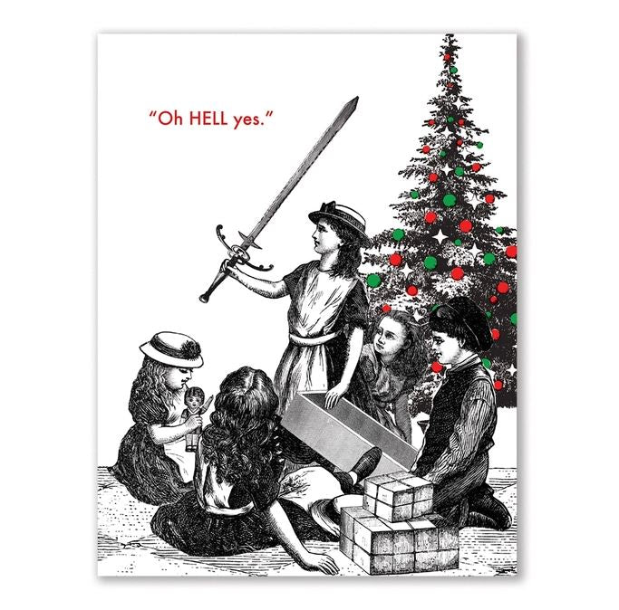 Mincing Mockingbird Greeting Cards Oh Hell Yes - Christmas Sword Greeting Card
