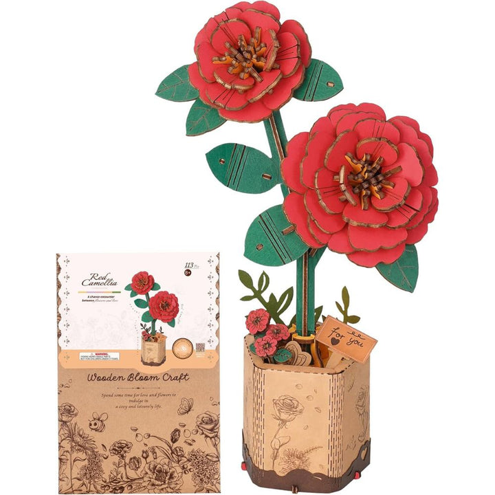 Robotime Factory Door Arts & Crafts Red Camellia Wooden Flower Bouquet - DIY Craft Kit