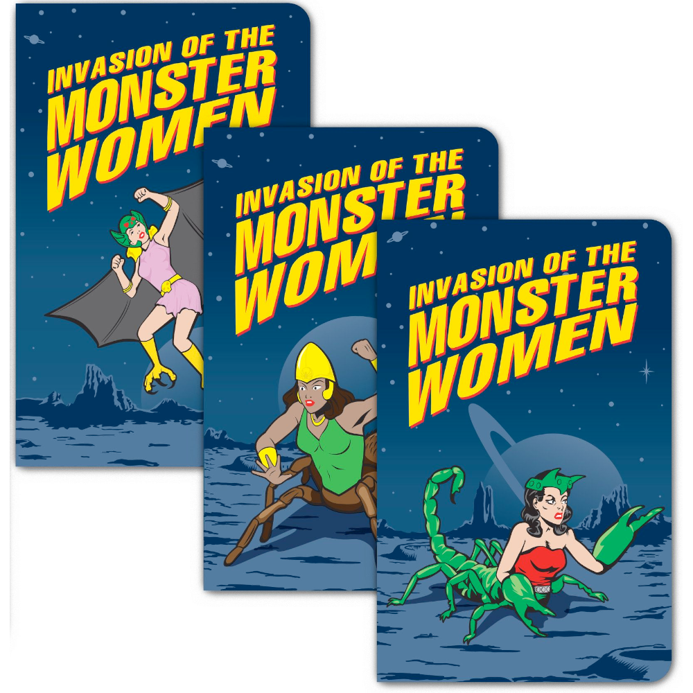Accoutrements - Archie McPhee Journals & Notebooks Invasion of the Monster Women - set of 3 notebooks
