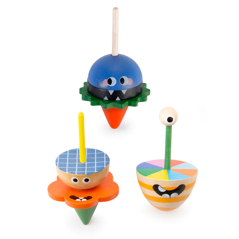 KIKKERLAND Toy Novelties Wooden Dizzy Monster Spinning Top - 1 random style