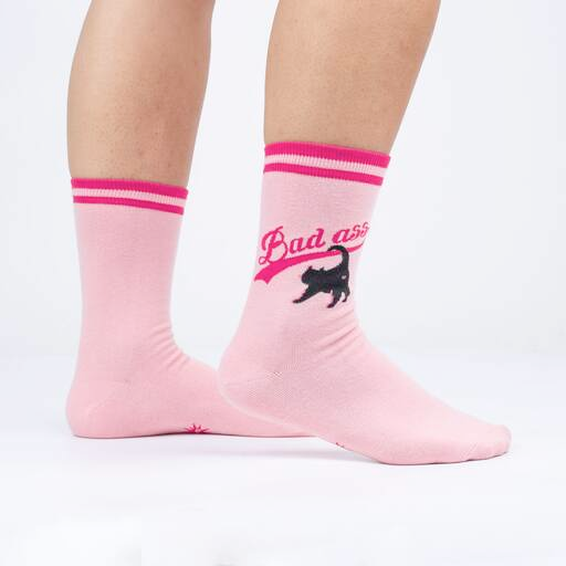 Sock IT TO Me Socks & Tees Bad Ass Cat Crew Socks (pink)