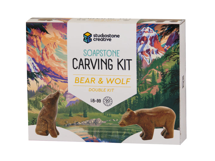StudioStone Arts & Crafts Bear & Wolf Double Soapstone Carving Craft Kit